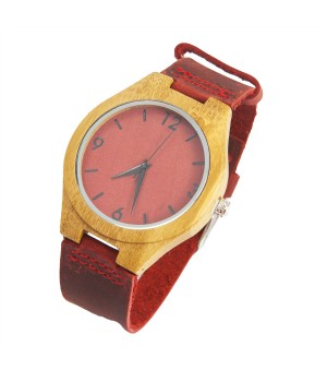 Drewniany zegarek z czerwoną tarczą i paskiem w modnym kolorze (dostępne warianty)