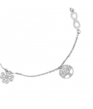 Silver bracelet celebrity with a triple pendant (clover, tree, infinity)